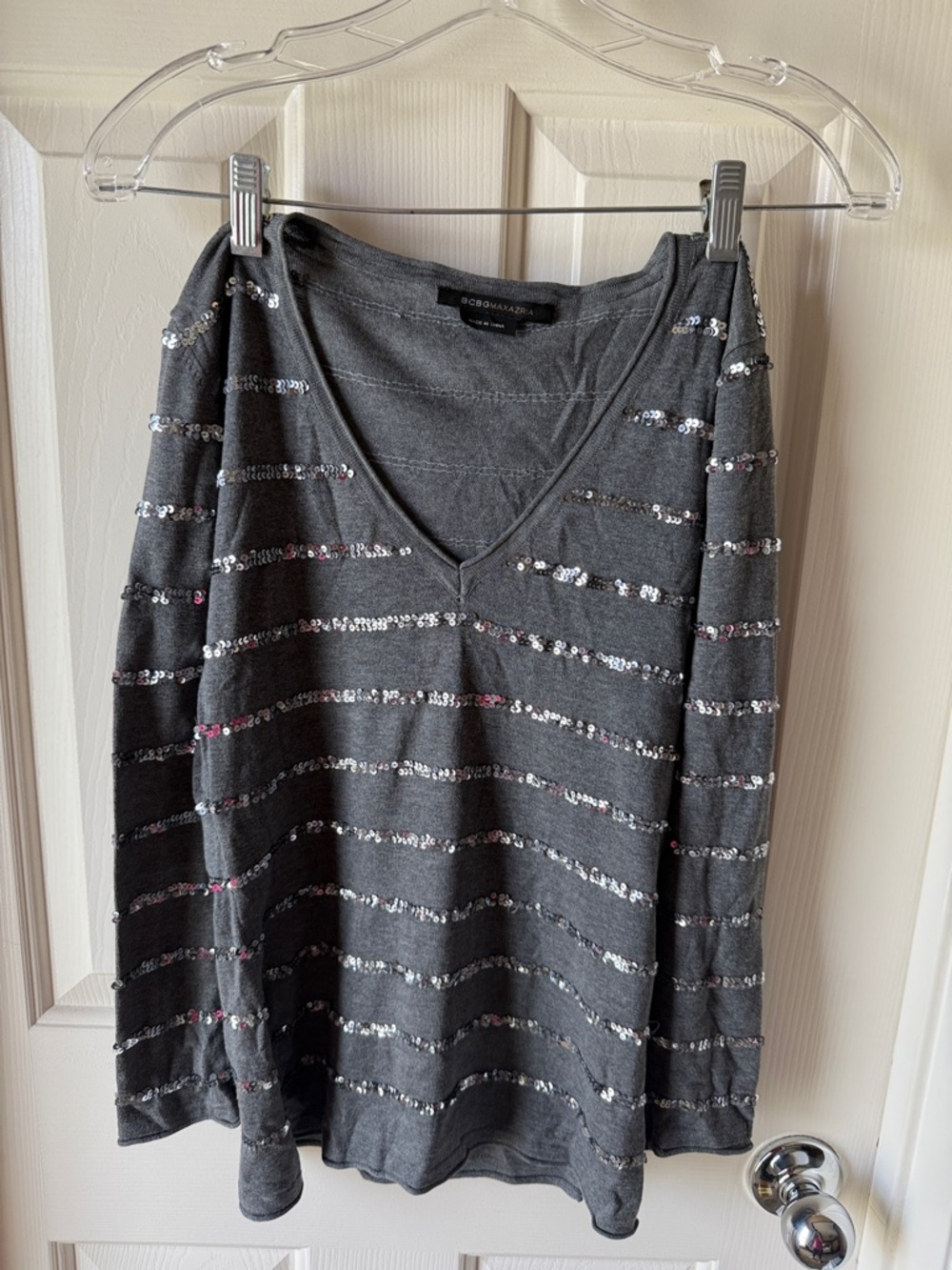 BCBGMaxAzria Gray Sequined V-Neck Long Sleeve Top